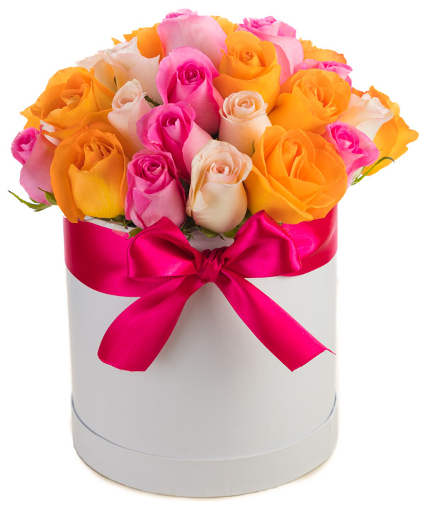 arreglo de rosas de colores en caja redonda alta