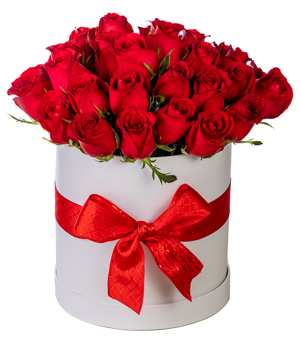 Rosas en caja redonda blanca alta para San Valentín