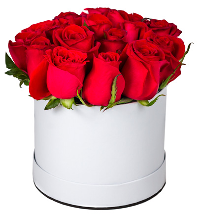 Rosas rojas en caja redonda mediana