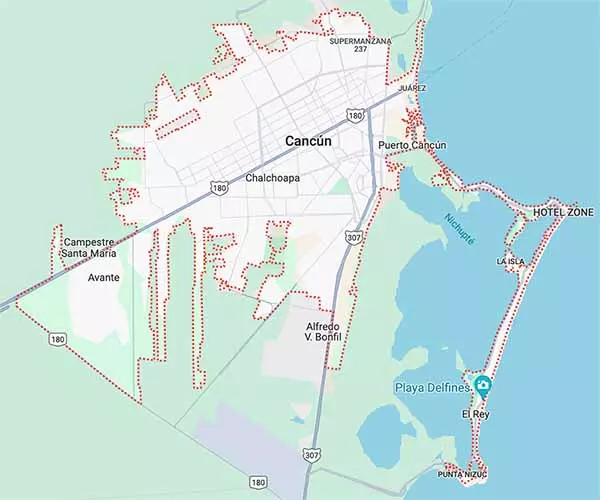 Mapa del area de servicio de entrega a domicilio en Cancún